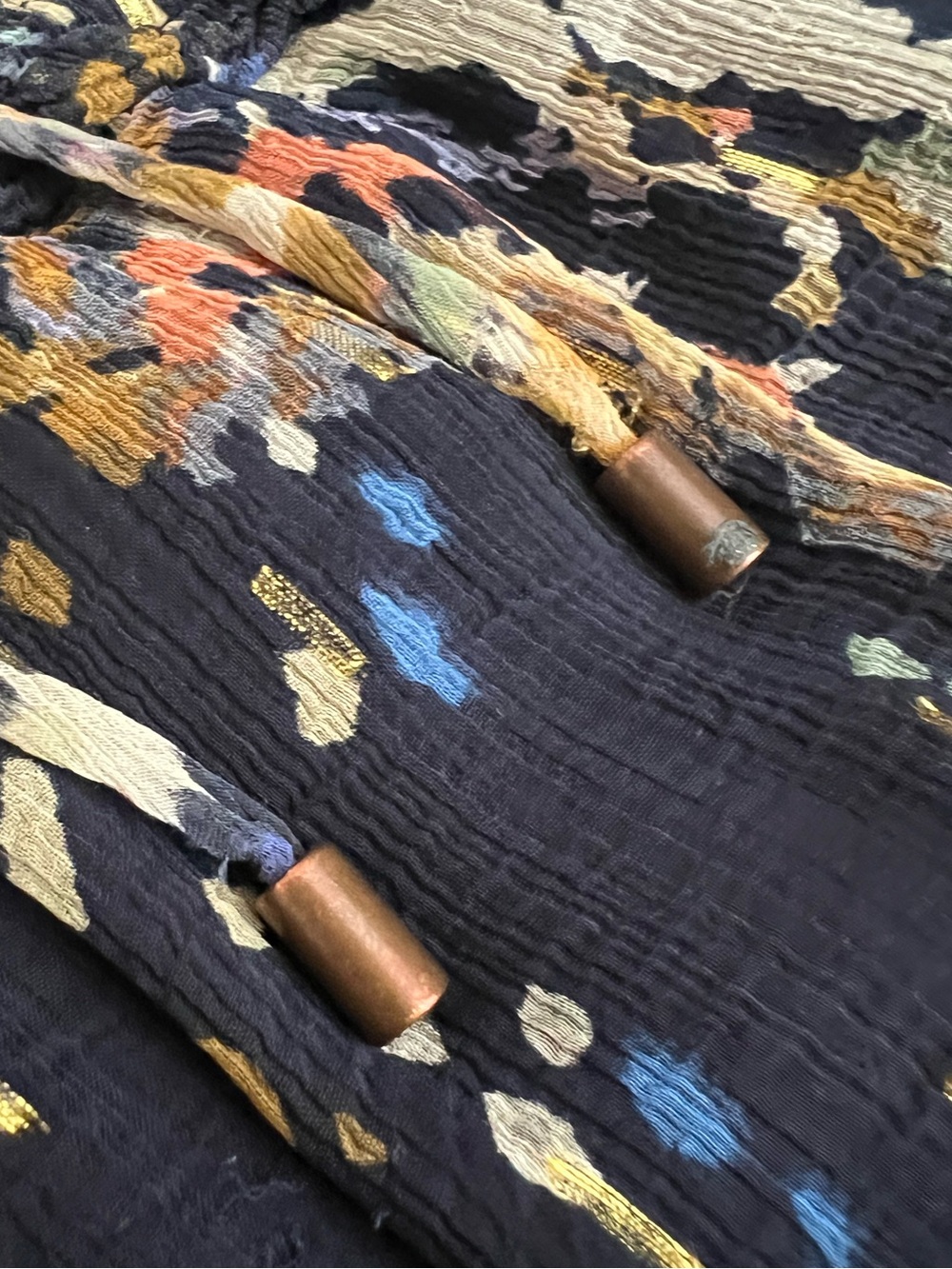 Anthropologie Women’s Smocked V-Neck Metallic Abstract Ruffle Blue Maxi Dress XL - Picture 11 of 16